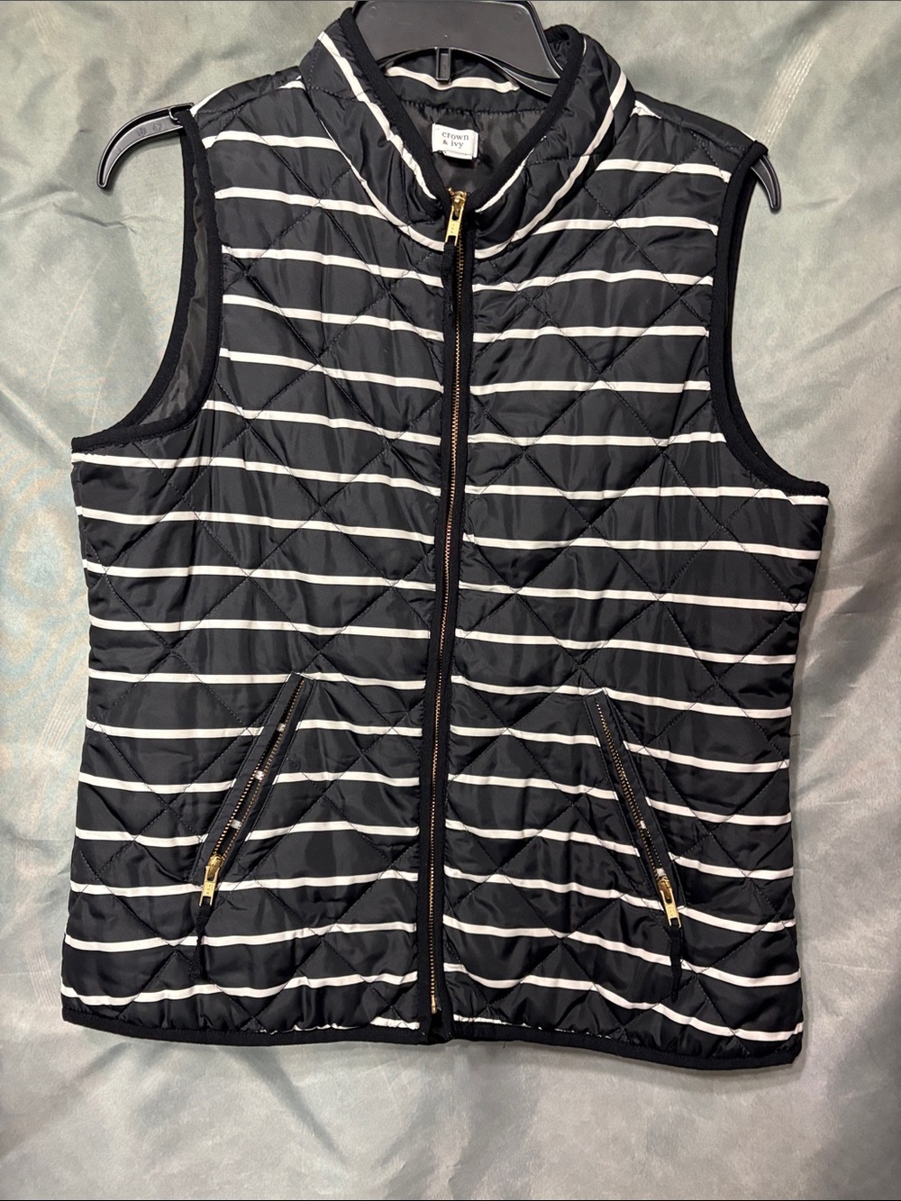 crown & ivy Black Quilted Vest with White Stripes